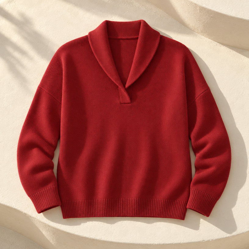 Women's Ribbed Knit V-Neck Sweater — Red