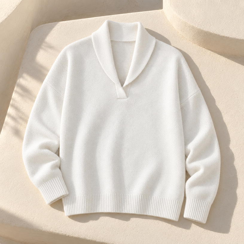 Women's Ribbed Knit V-Neck Sweater — White