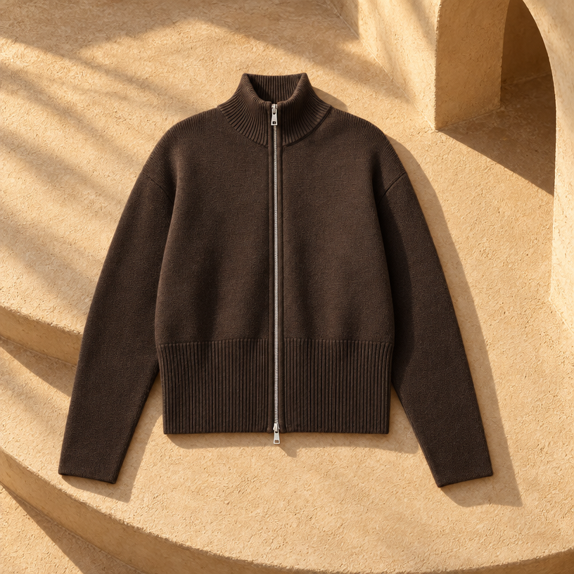 Structured Zip Knit Cardigan Sweater — Coffee
