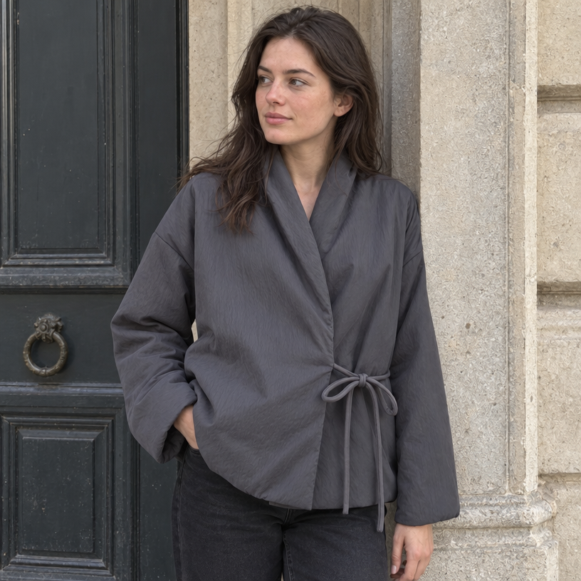 Women's Kimono Winter Jacket, Oversized Padded Long Sleeve — Grey