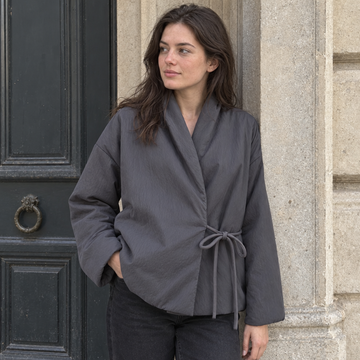 Women's Kimono Winter Jacket, Oversized Padded Long Sleeve — Grey