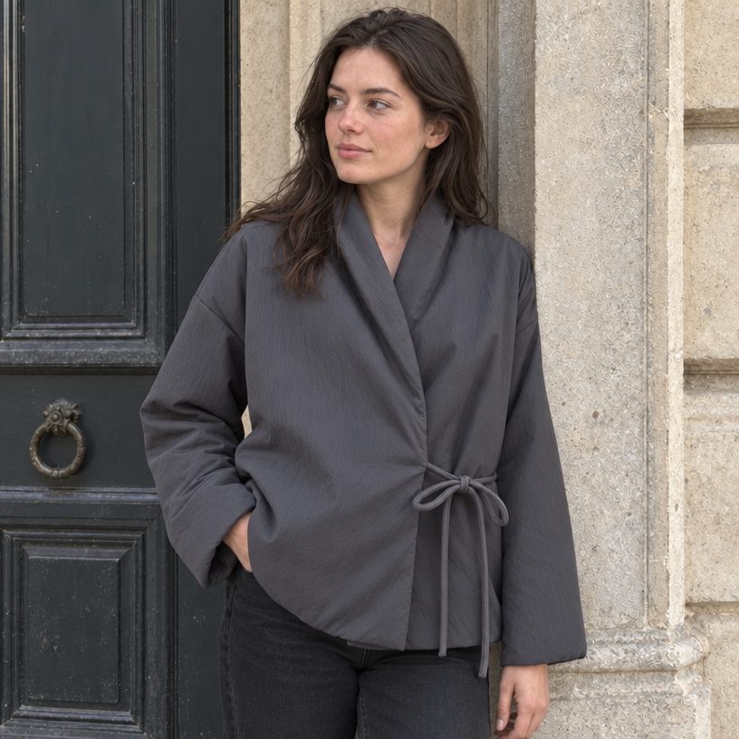 Women's Kimono Winter Jacket, Oversized Padded Long Sleeve — Grey
