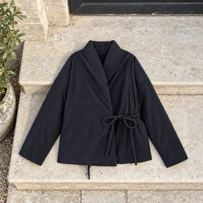 Women's Kimono Winter Jacket, Oversized Padded Long Sleeve — Black