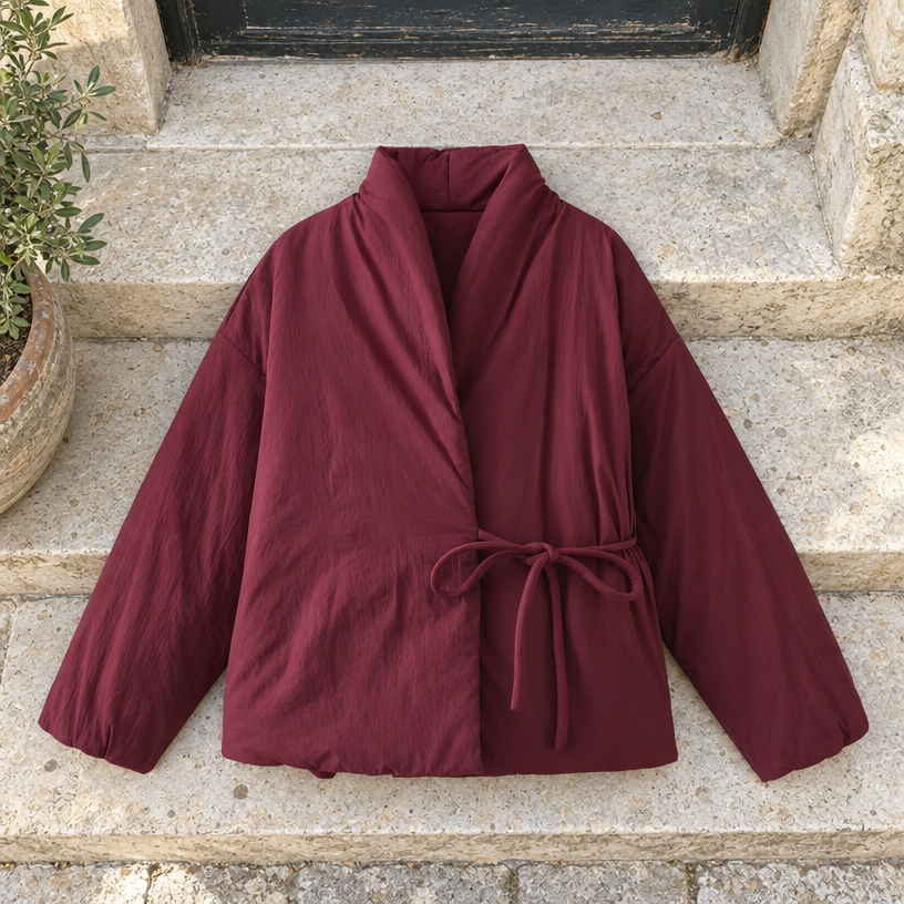 Women's Kimono Winter Jacket, Oversized Padded Long Sleeve — Burgundy