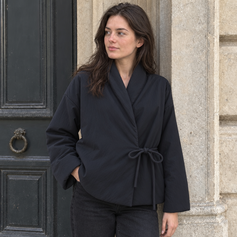 Women's Kimono Winter Jacket, Oversized Padded Long Sleeve — Black