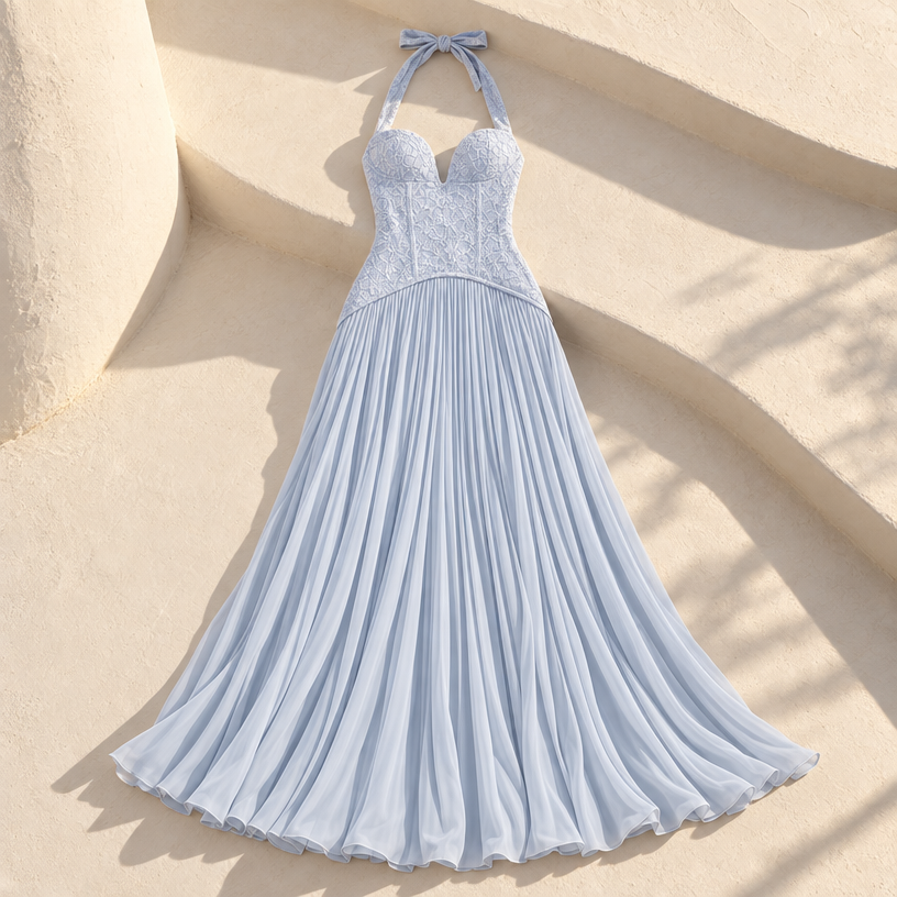 Floral Lace Corset Maxi Dress — Sky Blue