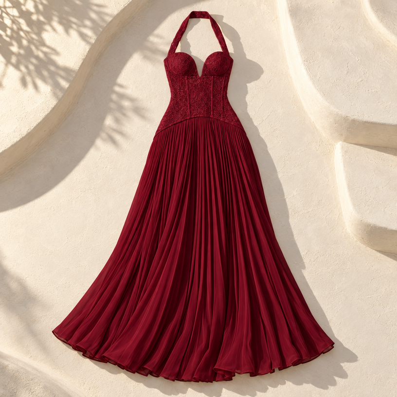 Floral Lace Corset Maxi Dress — Burgundy