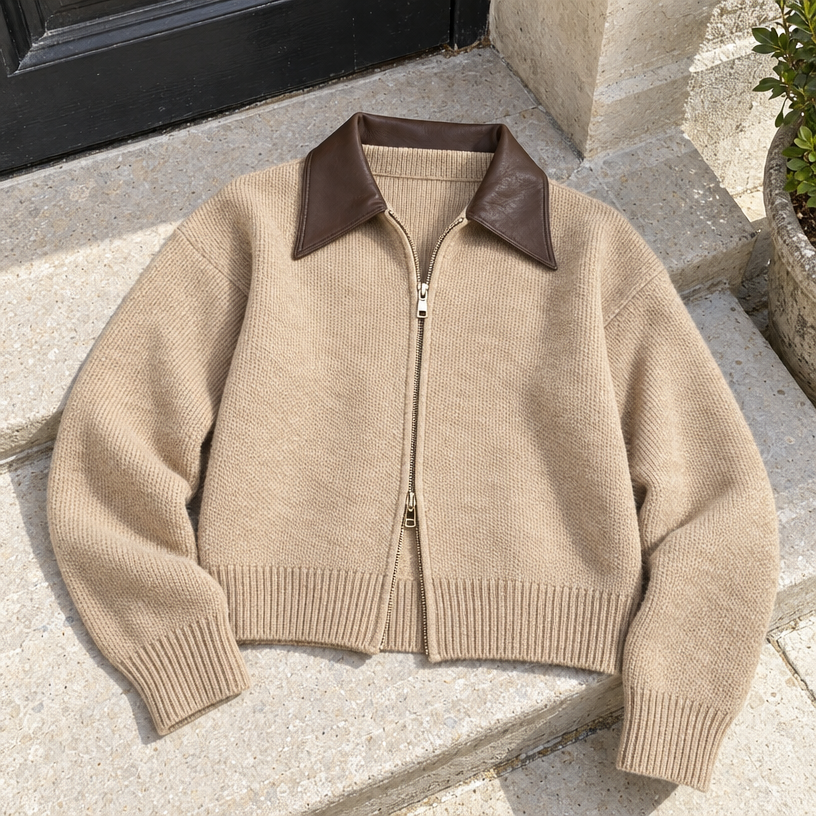 Beige Knit Zip-Through Cardigan Sweater