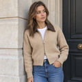 Beige Knit Zip-Through Cardigan Sweater