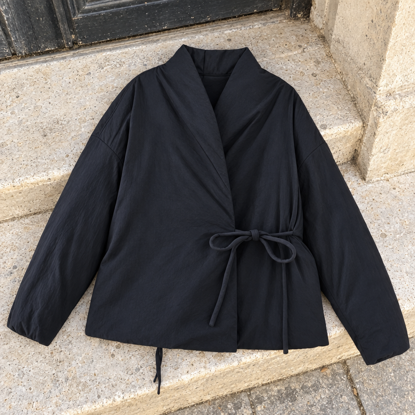 Women's Kimono Winter Jacket, Oversized Padded Long Sleeve — Black