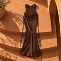 Strapless Satin Maxi Dress with Sweetheart Neckline — Brown