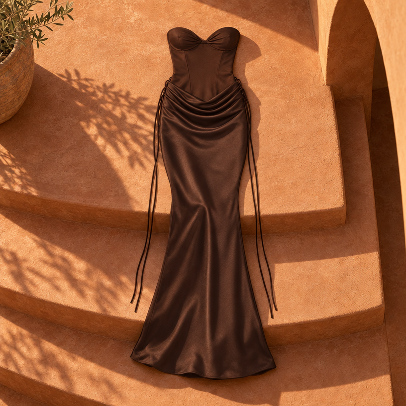 Strapless Satin Maxi Dress with Sweetheart Neckline — Brown