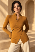 Isabella Asymmetrical Button-Up Sweater — Caramel