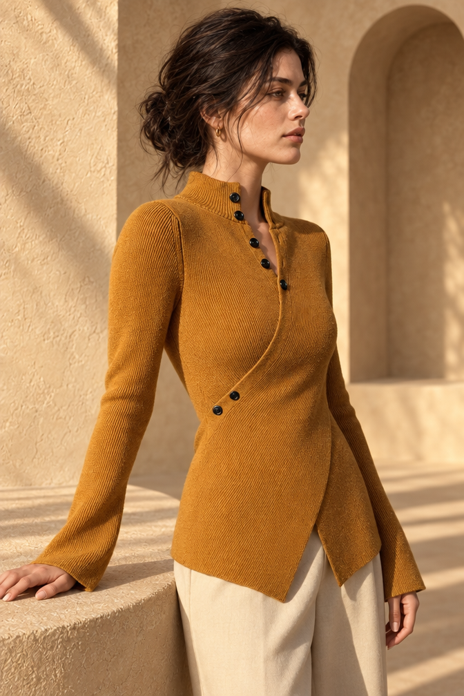 Isabella Asymmetrical Button-Up Sweater — Caramel