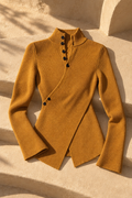 Isabella Asymmetrical Button-Up Sweater — Caramel