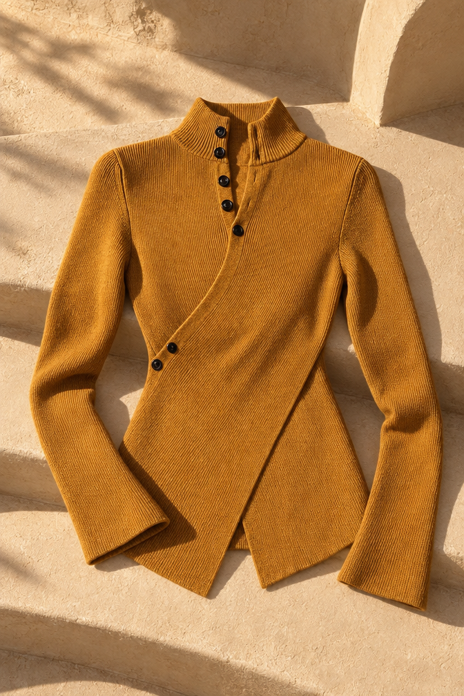 Isabella Asymmetrical Button-Up Sweater — Caramel