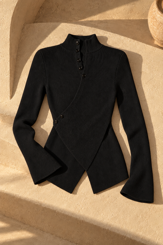 Isabella Asymmetrical Button-Up Sweater — Black