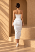 White Satin Lace-Up Off-Shoulder Midi Dress