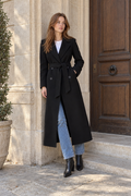 Clara Double-Breasted Belted Coat — Black