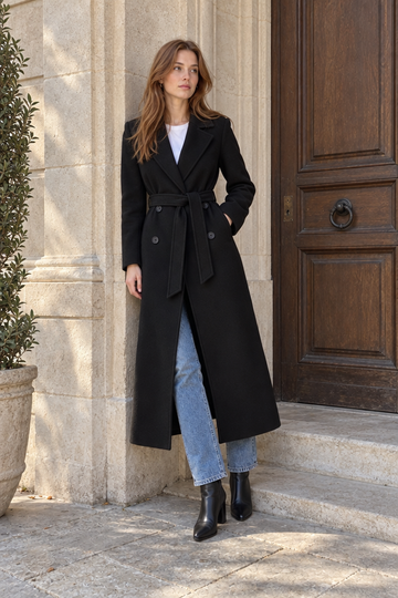 Clara Double-Breasted Belted Coat — Black