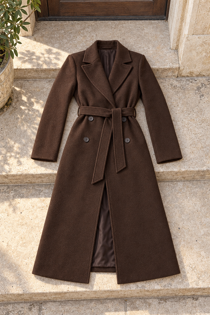 Clara Double-Breasted Belted Coat — Brown