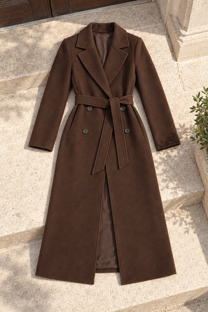 Clara Double-Breasted Belted Coat — Chocolate Brown