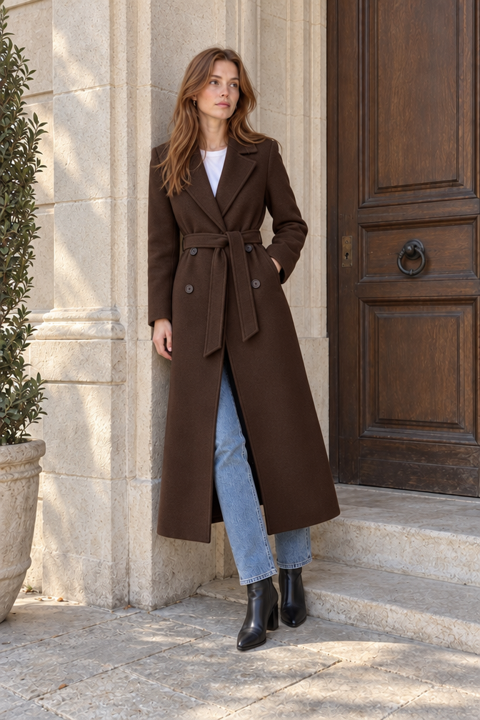 Clara Double-Breasted Belted Coat — Brown