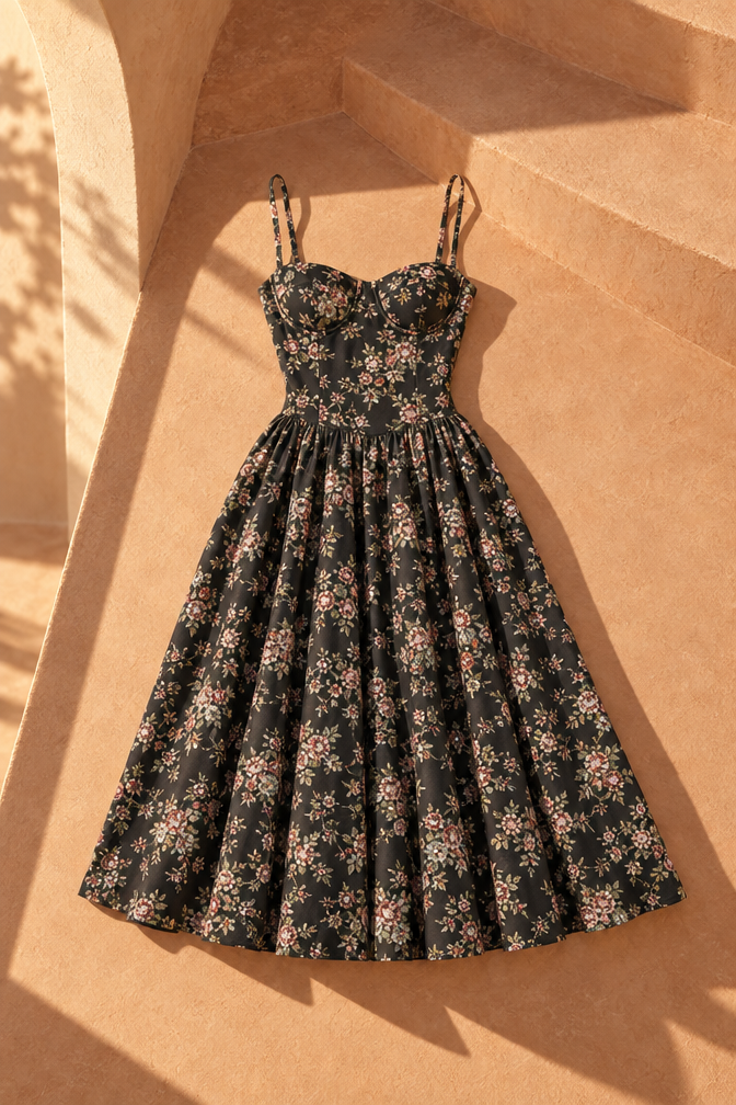 Rose Corset Midi Dress — Black