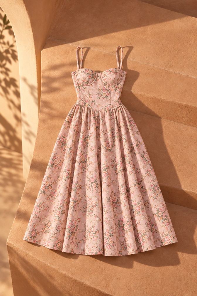 Rose Corset Midi Dress — Pink