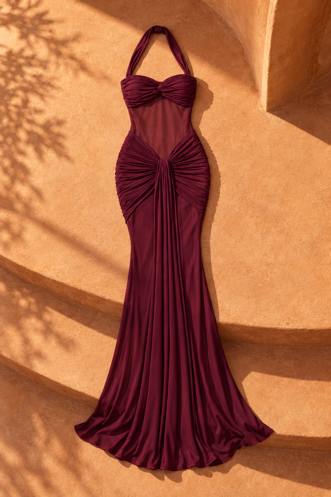 Lizza Mesh Maxi Dress — Burgundy