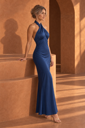 Stephany Halter Satin Maxi Dress — Blue