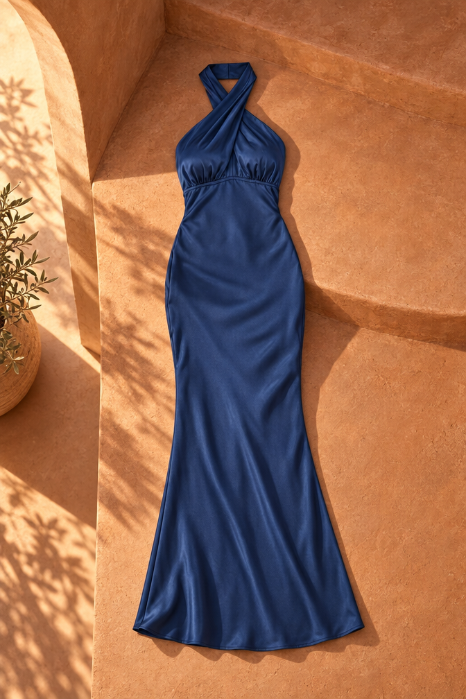 Stephany Halter Satin Maxi Dress — Blue
