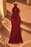 Stephany Halter Satin Maxi Dress — Burgundy