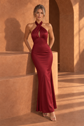 Stephany Halter Satin Maxi Dress — Burgundy