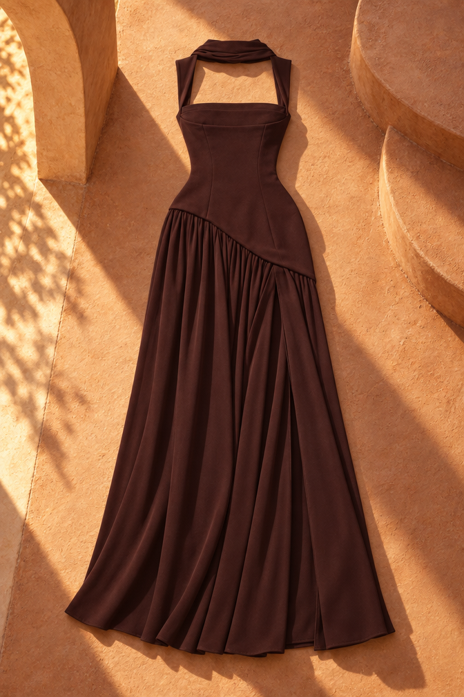 Haily Draped Satin-Feel Maxi Dress — Brown