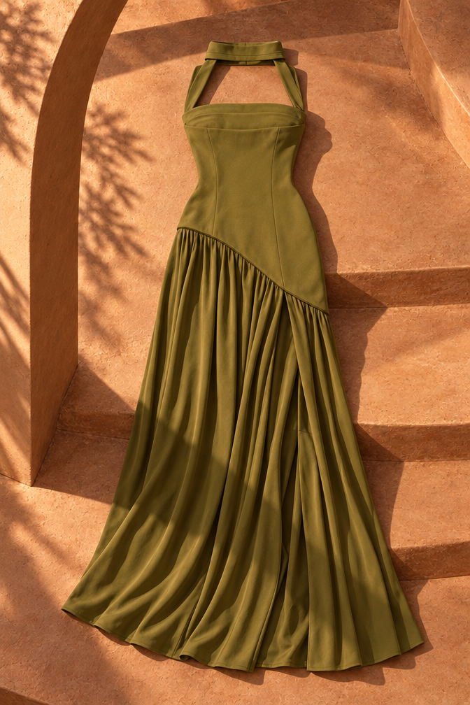 Haily Draped Satin-Feel Maxi Dress — Sage Green