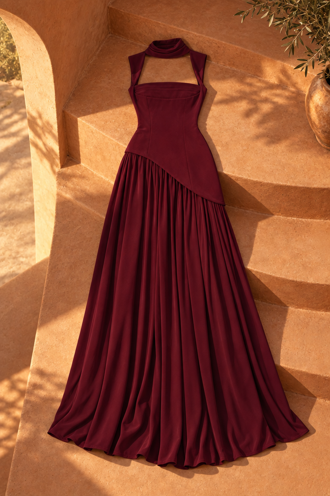 Haily Draped Satin-Feel Maxi Dress — Burgundy