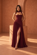 Haily Draped Satin-Feel Maxi Dress — Burgundy