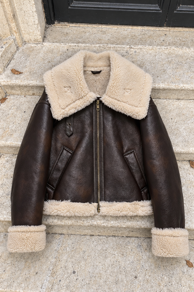 Manon Faux Leather Bomber Jacket — Fourrure beige