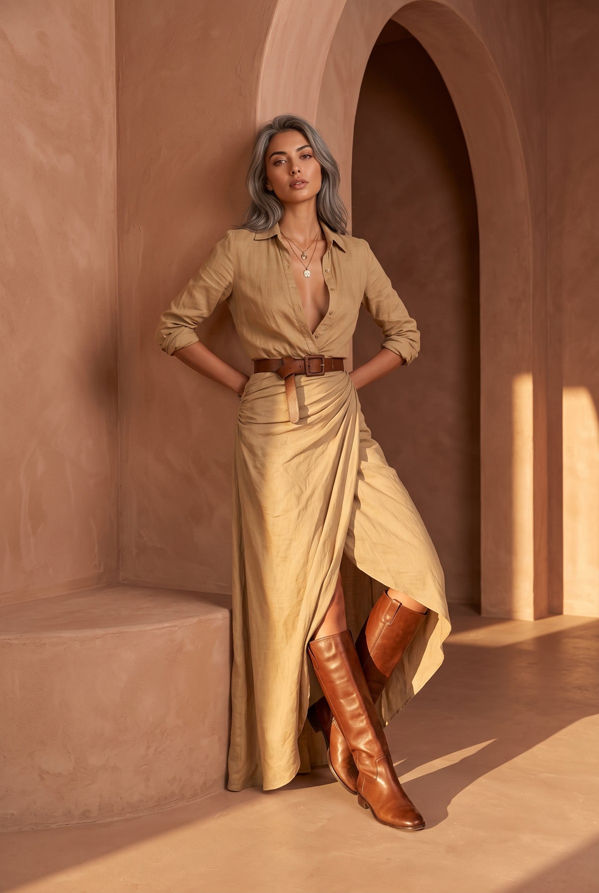 Pearl Wrap Maxi Dress — Camel