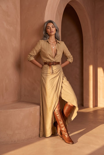 Pearl Wrap Maxi Dress — Camel