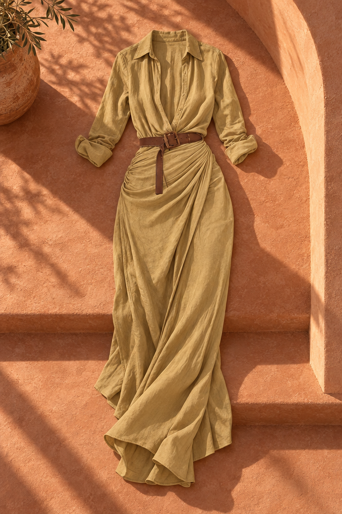 Pearl Wrap Maxi Dress — Camel
