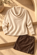 Ribbed Knit Cowl Neck Sweater — Beige