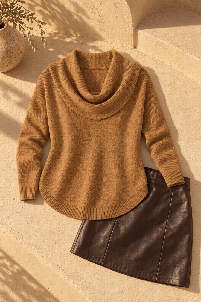 Ribbed Knit Cowl Neck Sweater — Brown
