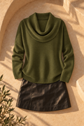 Ribbed Knit Cowl Neck Sweater — Green