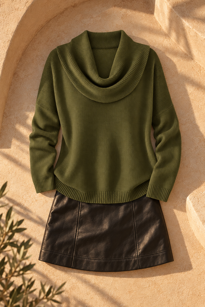 Ribbed Knit Cowl Neck Sweater — Green