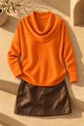 Ribbed Knit Cowl Neck Sweater — Orange
