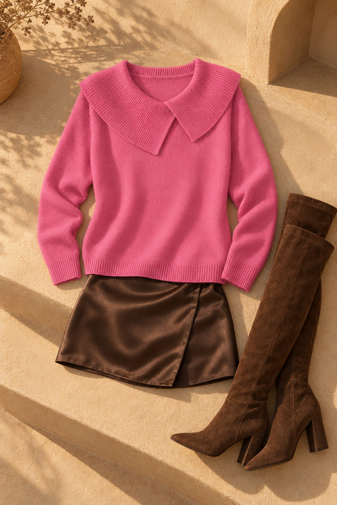 Nora Fold-Over Collar Sweater — Pink