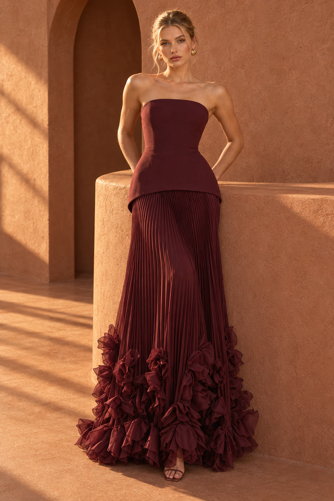 Adeline Petal Maxi Dress — Wine Red