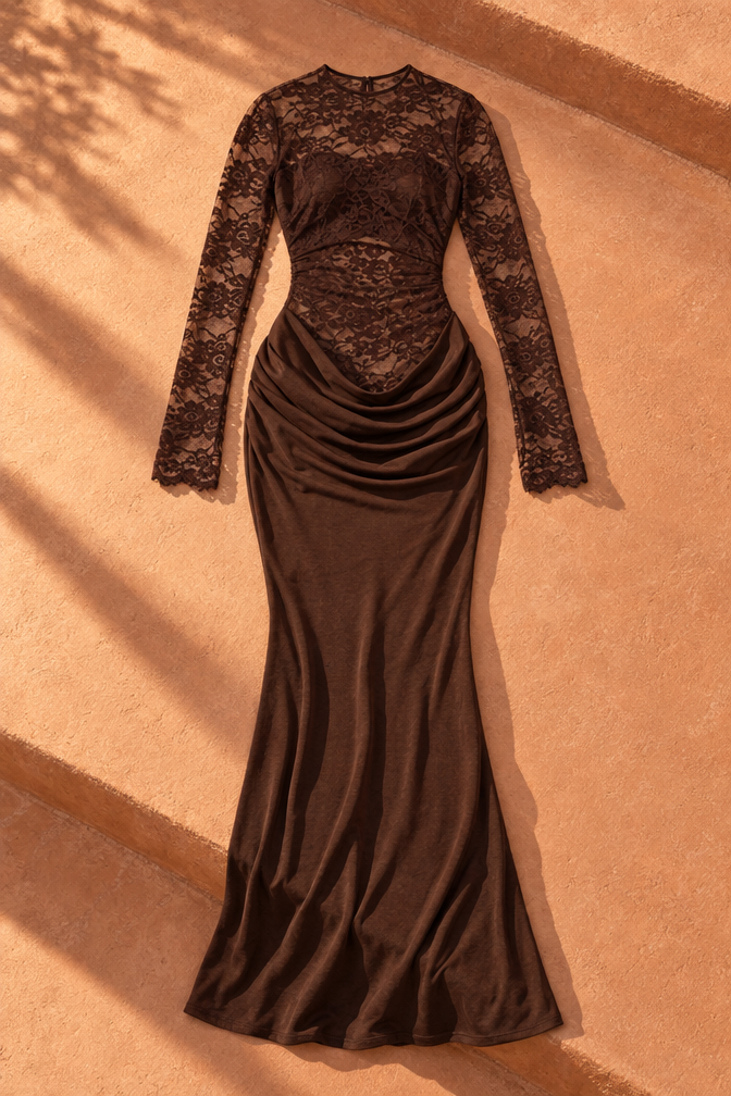 Lace Mini Dress with Long Sleeves — Brown